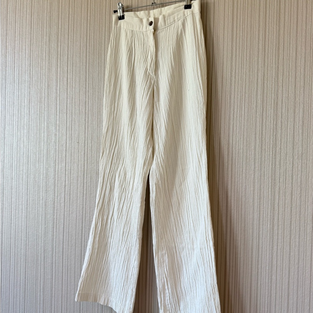 Lightweight Cream Textured Wide-Leg Pants